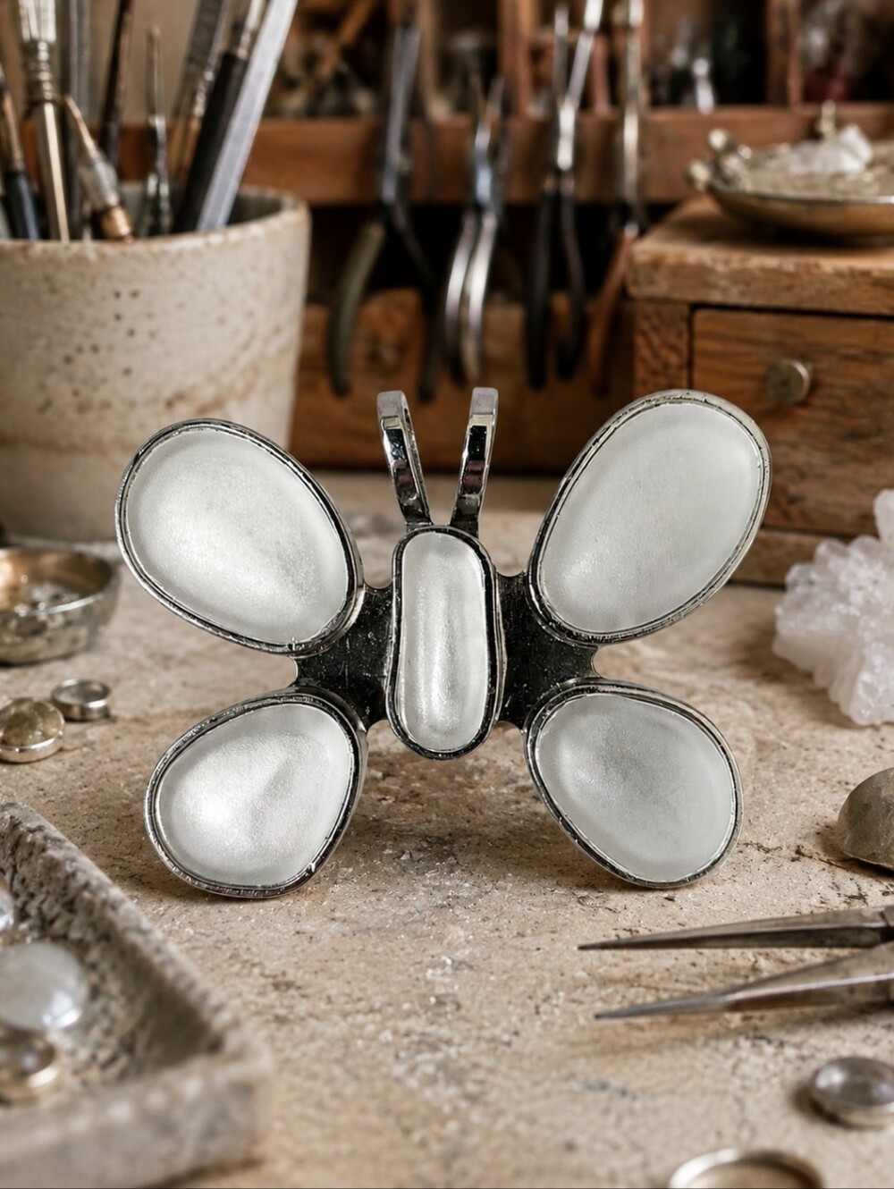Rebecca Collins Designer Butterfly Pendant Clip Silver Tone Frosted Stones EUC
